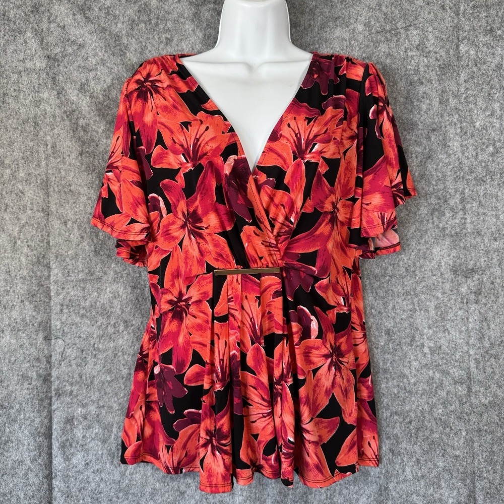 Y2K Babydoll Top Shirt Size Medium Floral Tropical Split Sleeve Fairy Buckle